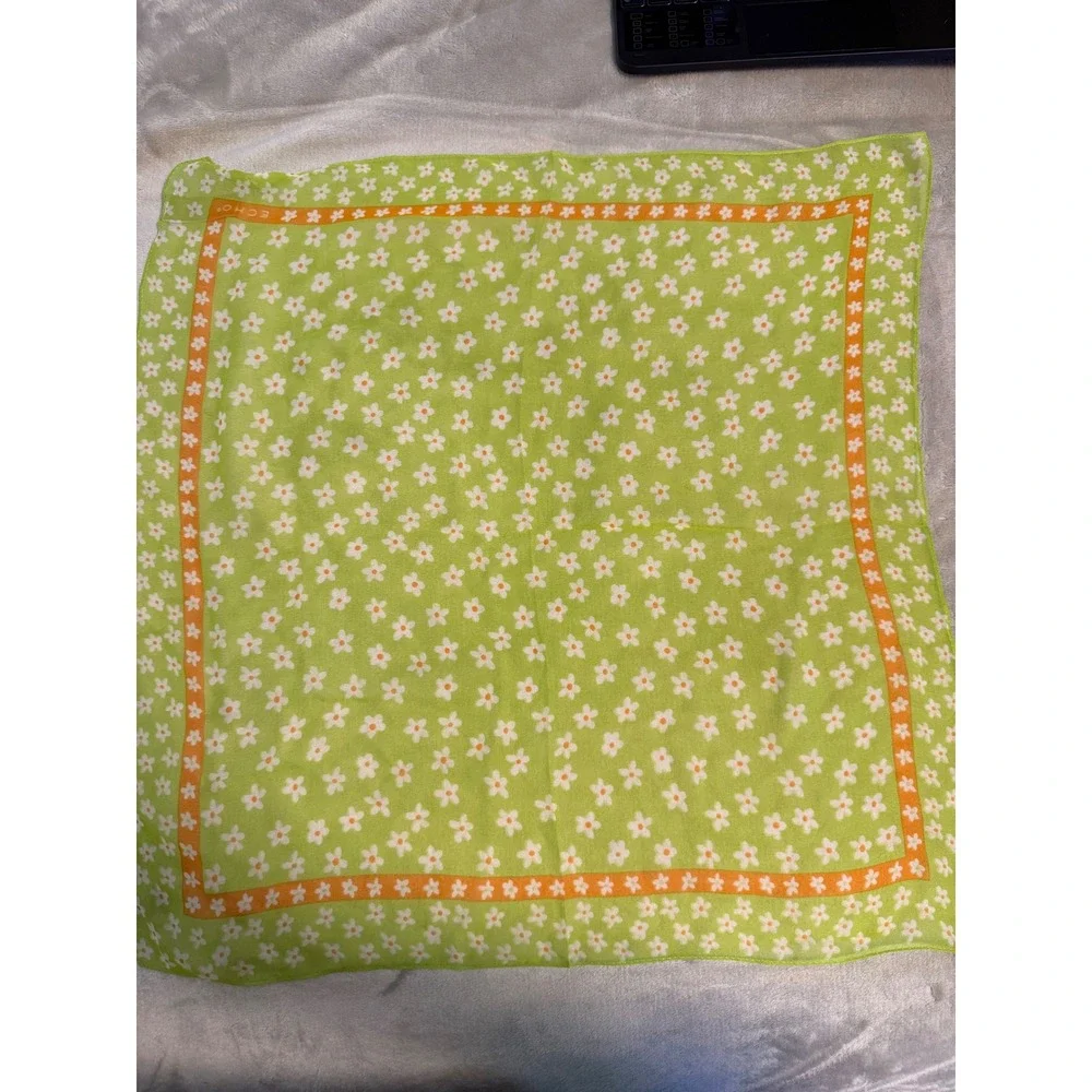 Echo Silk Scarf Floral Daisy Green Orange Sheer‎ Square Vintage 21